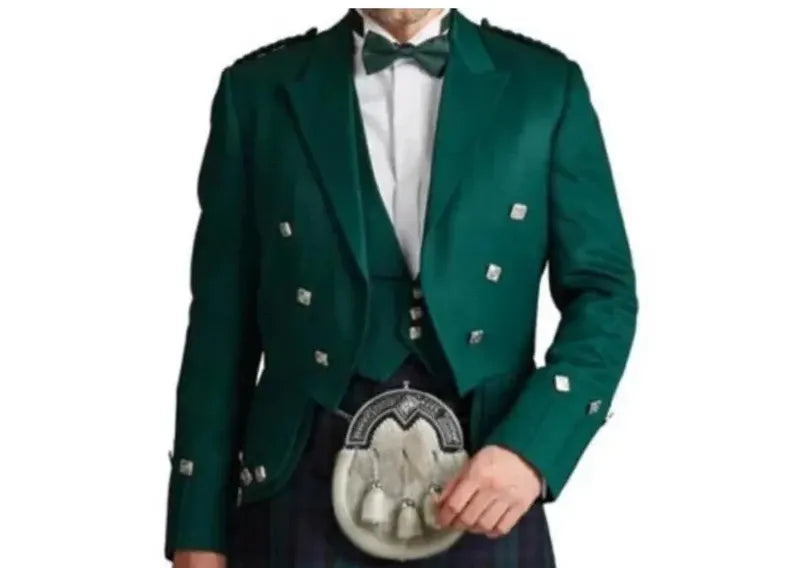 Scottish Men’s Prince Charlie Green Jacket With WaistCoat Wedding Kilt Jacket