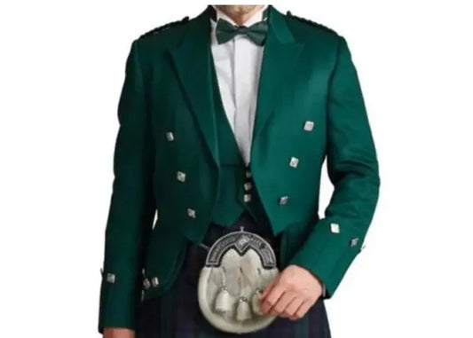 Scottish Men’s Prince Charlie Green Jacket With WaistCoat Wedding Kilt Jacket
