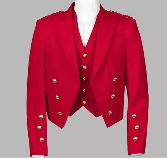 Scottish Men’s Prince Charlie Red Jacket With WaistCoat Wedding Kilt Jacket