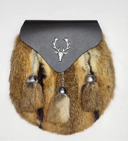 Real Brown Fox Für Kilt Sporran Leather Body With Chain & Belt strap