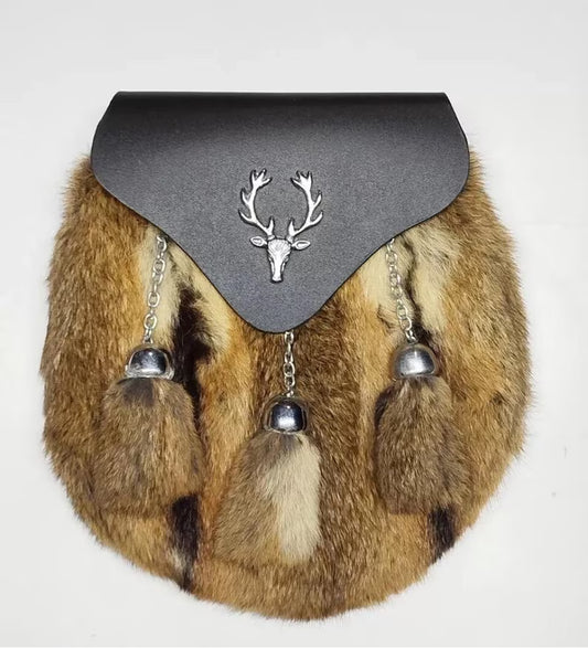 Real Brown Fox Für Kilt Sporran Leather Body With Chain & Belt strap