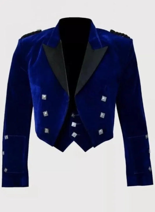 Scottish Men’s Prince Charlie Blue Velvet Wedding Vest Kilt Jacket