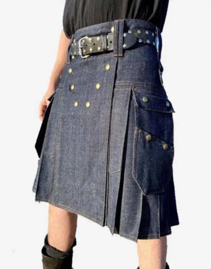 Scottish Men’s Blue Denim Utility Kilt for Men’s
