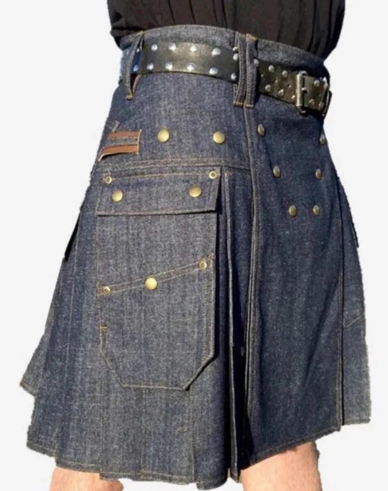 Scottish Men’s Blue Denim Utility Kilt for Men’s