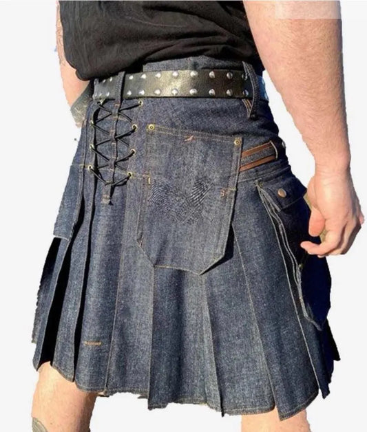 Scottish Men’s Blue Denim Utility Kilt for Men’s