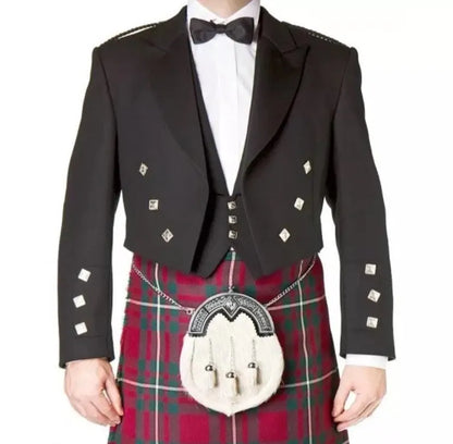 Scottish Men’s Black Argyle Wool Kilt Jacket Vest Waistcoat For Weeding
