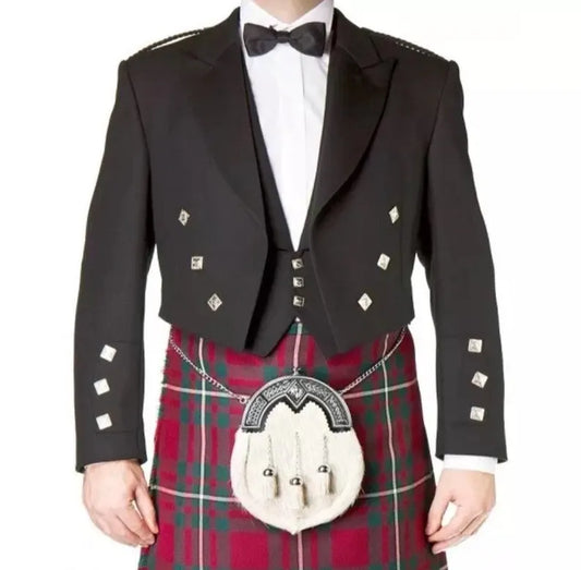 Scottish Men’s Black Argyle Wool Kilt Jacket Vest Waistcoat For Weeding