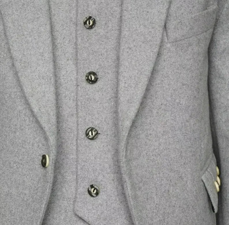 Men's Light Grey Wool Kilt Jacket & Waistcoat: Scottish Wedding Outfit