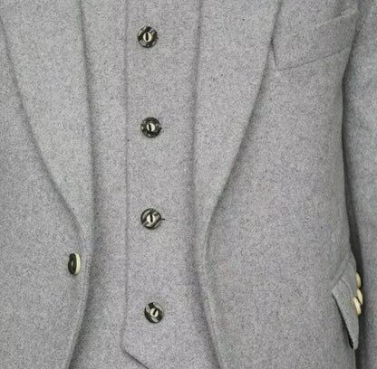 Men's Light Grey Wool Kilt Jacket & Waistcoat: Scottish Wedding Outfit