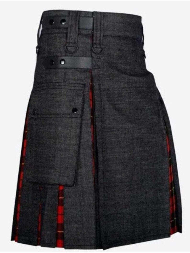 Scottish Fashionable Black Denim Kilt With Classic Wallace Tartan For Men’s