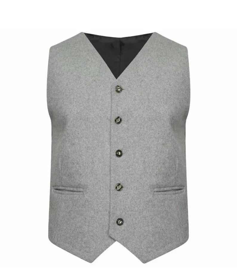 Men's Light Grey Wool Kilt Jacket & Waistcoat: Scottish Wedding Outfit