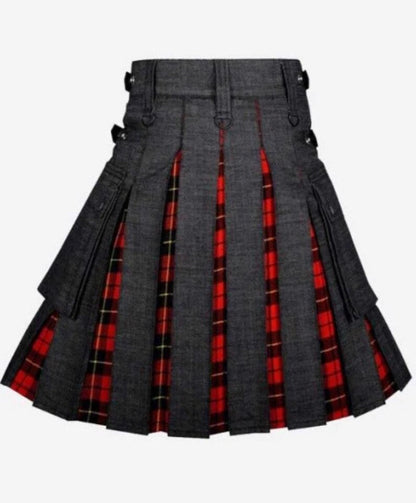 Scottish Fashionable Black Denim Kilt With Classic Wallace Tartan For Men’s