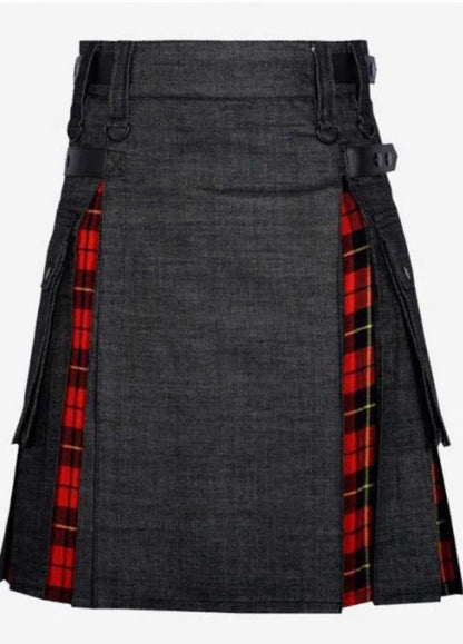 Scottish Fashionable Black Denim Kilt With Classic Wallace Tartan For Men’s