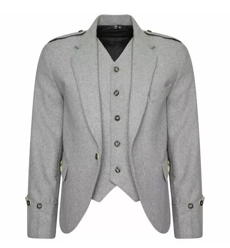 Men's Light Grey Wool Kilt Jacket & Waistcoat: Scottish Wedding Outfit