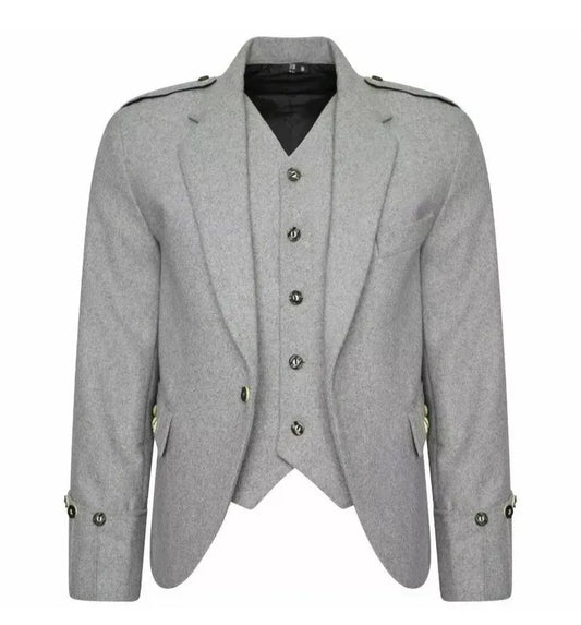 Men's Light Grey Wool Kilt Jacket & Waistcoat: Scottish Wedding Outfit