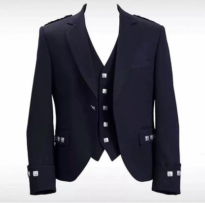 Scottish Black Argyle Kilt With Wool Vest waist coat Jacket For Wedding