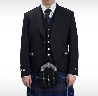 Scottish Black Argyle Kilt With Wool Vest waist coat Jacket For Wedding