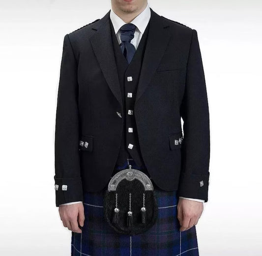 Scottish Black Argyle Kilt With Wool Vest waist coat Jacket For Wedding