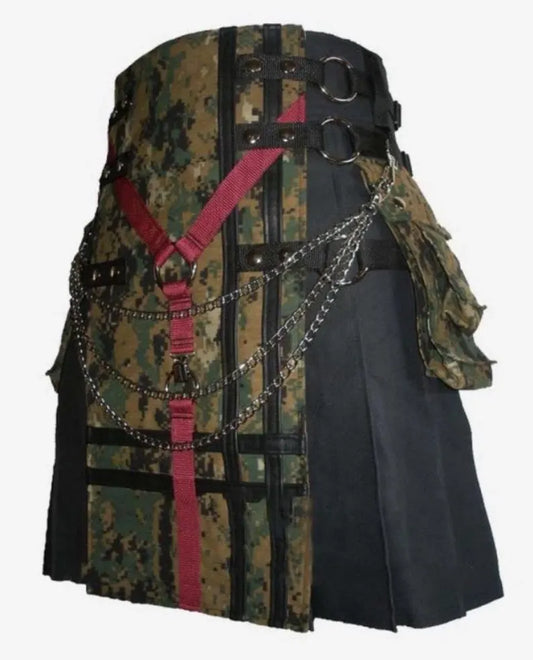 Scottish Canvas Digital Camouflage Design Kilt With Chains For Men’s