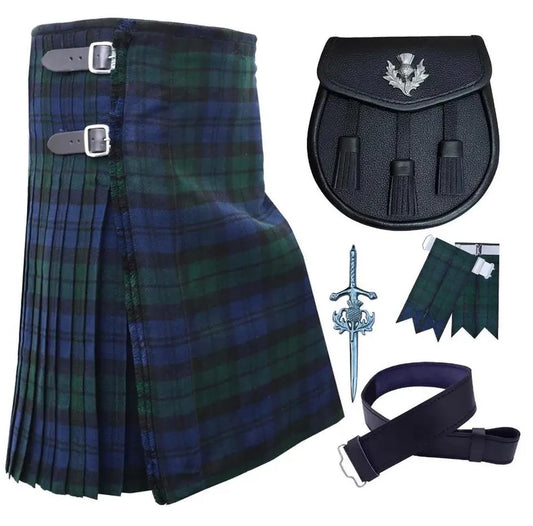 Handmade Black Watch Tartan Kilt Outfit: 8 Yard, Sporran, Belt & Flashes