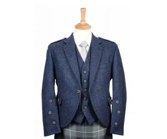 Scottish Men’s Blue Serge Wool Kilt Jacket With Vest