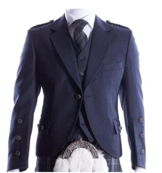 Scottish Men’s Midnight Blue Argyle Kilt Jacket With Vest