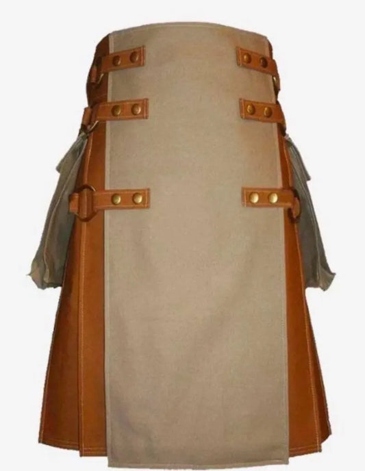 Scottish Khaki Canvas Fashion Utility Kilt For Men’s