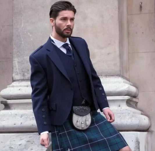 Scottish Men’s Navy Blue Wool Argyle Kilt Jacket With Vest