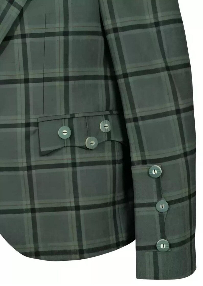 Scottish Men’s Argyle Tweed Green Colour Coat With Vest Wedding Kilt Jacket
