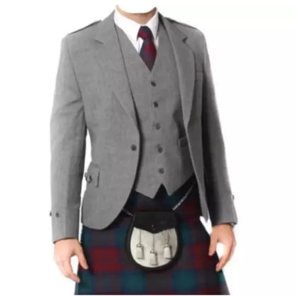 Scottish Men’s Grey Blazer Wool Argyle Kilt Jacket With Vest