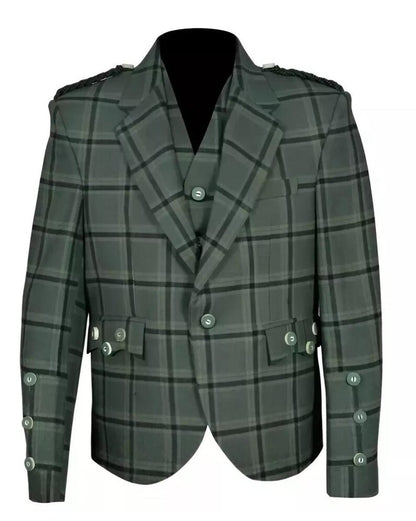 Scottish Men’s Argyle Tweed Green Colour Coat With Vest Wedding Kilt Jacket