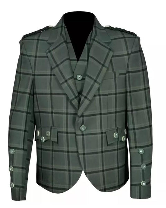 Scottish Men’s Argyle Tweed Green Colour Coat With Vest Wedding Kilt Jacket
