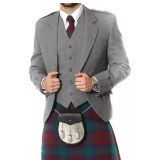 Scottish Men’s Grey Blazer Wool Argyle Kilt Jacket With Vest