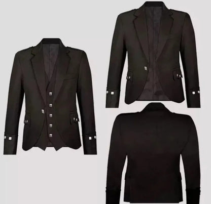 Scottish Men’s Argyle Wool Black Coat With Vest Wedding Kilt Jacket