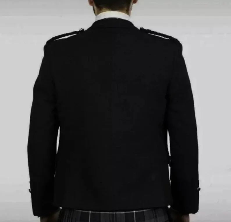 Scottish Men’s Wedding Black Wool Argyle Kilt Jacket With Vest