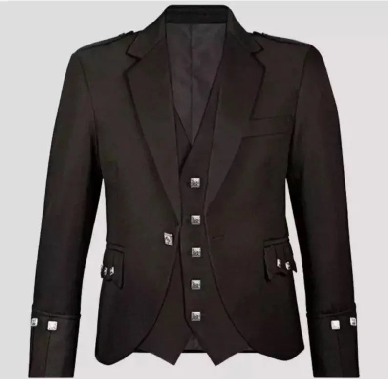 Scottish Men’s Argyle Wool Black Coat With Vest Wedding Kilt Jacket