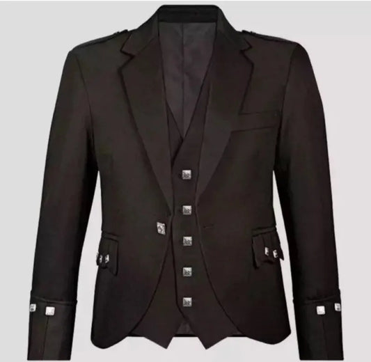 Scottish Men’s Argyle Wool Black Coat With Vest Wedding Kilt Jacket