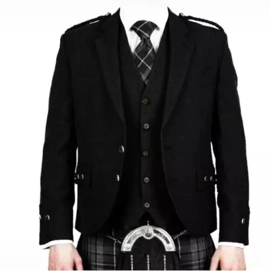 Scottish Men’s Wedding Black Wool Argyle Kilt Jacket With Vest