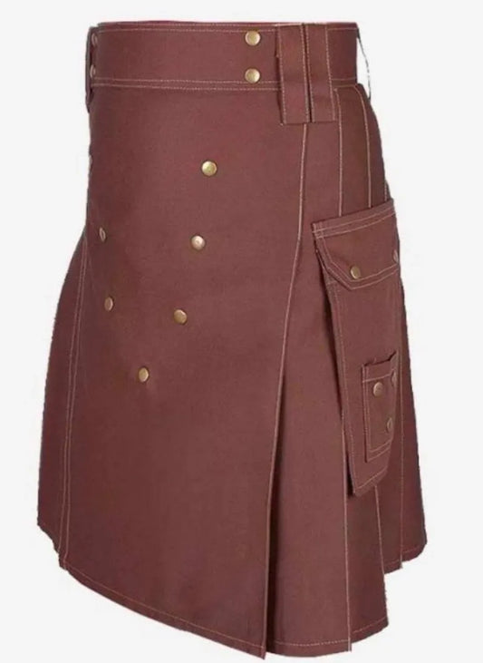 Scottish Brown Cotton Utility Kilt For Men