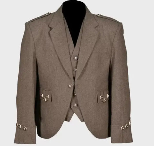 Scottish Men’s Argyle Brown Colour Coat With Vest Wedding Kilt Jacket
