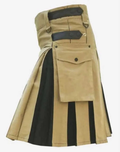 Scottish Beige & Black Cotton Utility Kilt For Men’s