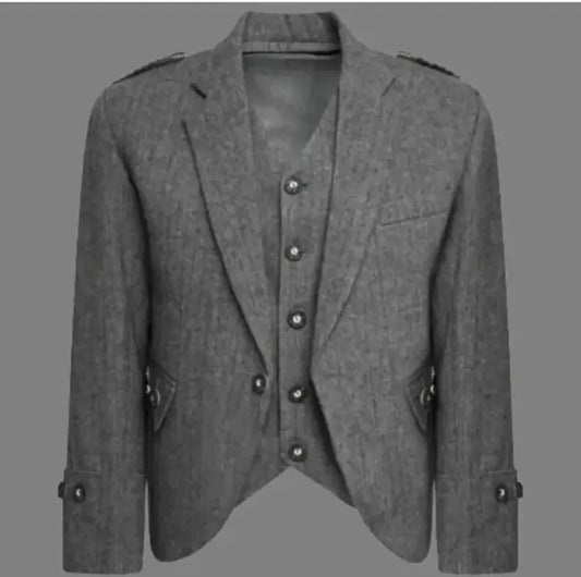 Scottish Men’s Craig Argyle Tweed Coat With Vest Wedding Jacket