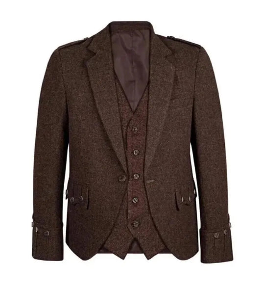Scottish Men’s Brown Tweed Argyle Kilt With Wool Vest Jacket