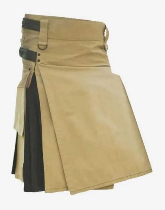 Scottish Beige & Black Cotton Utility Kilt For Men’s