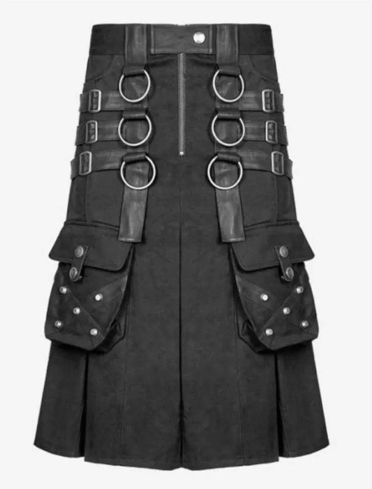 Scottish Black Cotton Handmade Punk Rave Utility Kilt For Men’s