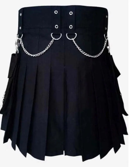 Scottish Black Cotton Handmade Kilt For Men’s With Edgy Chain Accents !