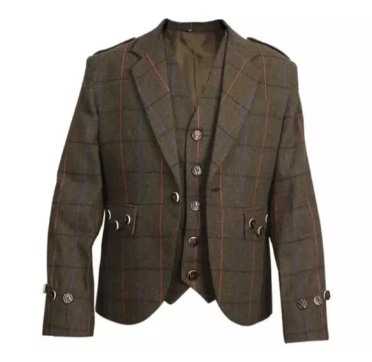 Scottish Men’s Argyle Tweed Coat With Vest Wedding Jacket