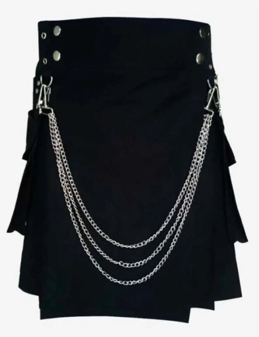 Scottish Black Cotton Handmade Kilt For Men’s With Edgy Chain Accents !