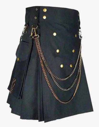 Scottish Modern Warrior Black Fashion Kilt For Man’s With Silver Chains