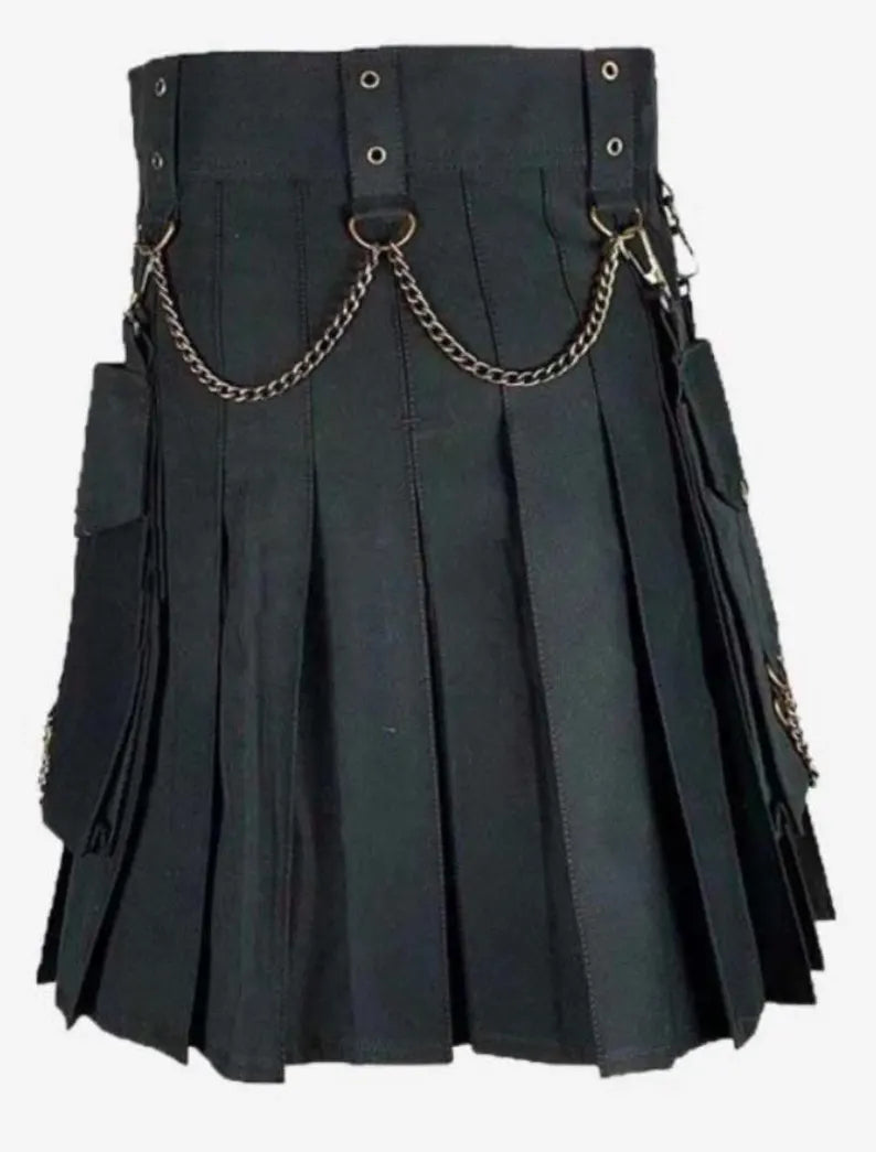 Scottish Modern Warrior Black Fashion Kilt For Man’s With Silver Chains